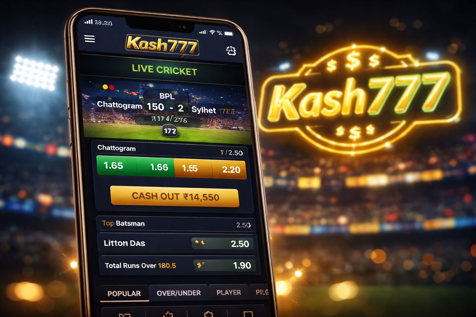 Kash777 sports betting — mobile screen with live cricket odds