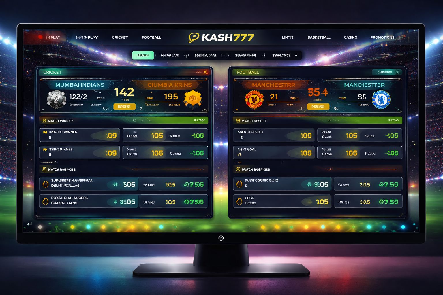Kash777 live sports dashboard showing in-play cricket and football odds