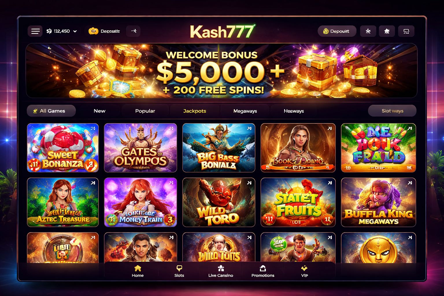 Kash777 slot library interface with popular game thumbnails